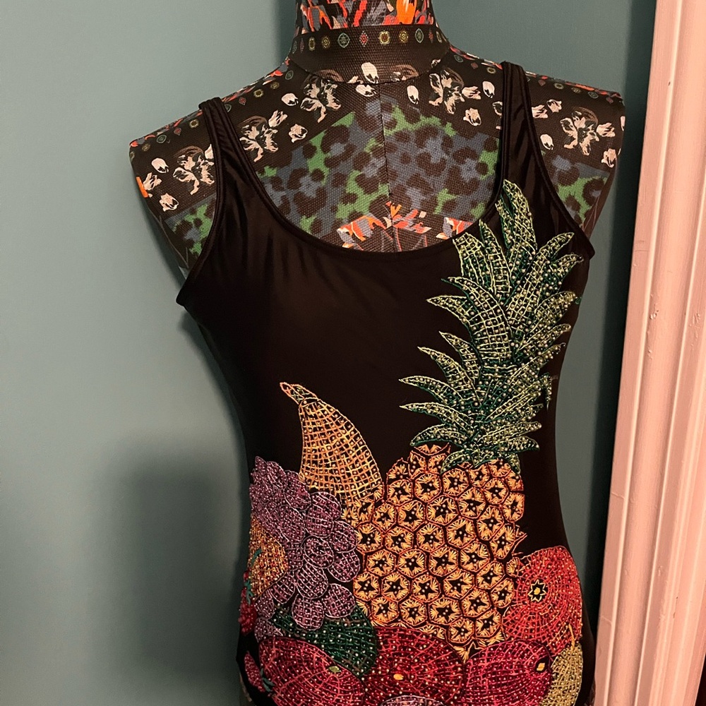 BLACK BATHING SUIT WITH COLORFUL EMBROIDERED FRUIT - Picture 3 of 7